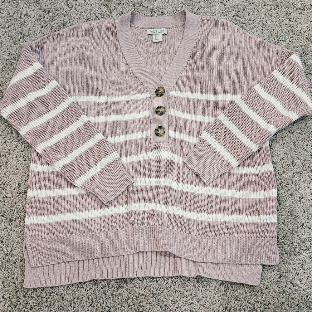 Rachel Zoe Mauve and White Striped V-Neck Sweater